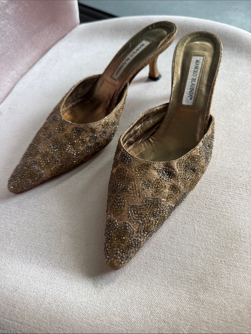 Manolo Blahnik Gold Beaded Pointed-Toe Mules